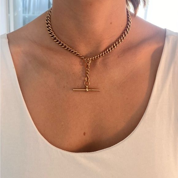 Antique solid gold 9C Albert chain with T Bar and two dog clips - Picture 4 of 4